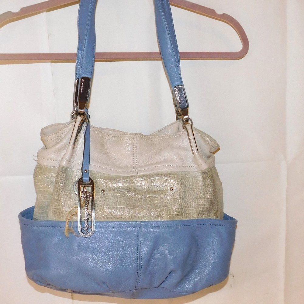 B. Makowski Blue, Silver & Beige Leather Handbag Purse Shoulder Bag